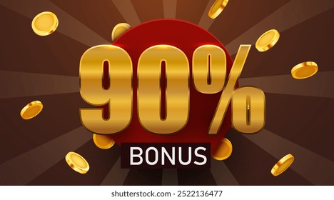 90 percent bonus with falling golden coins. Cashback or prize concept. Vector illustration