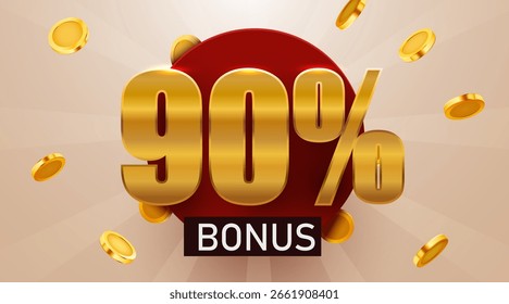 Bônus de 90% com moedas de ouro caindo. Conceito de reembolso ou prêmio. Ilustração vetorial
