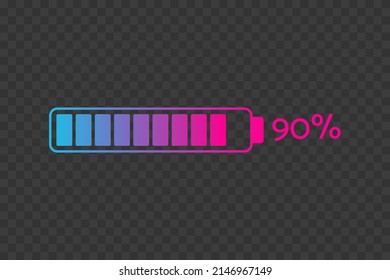 90 percent chart. Vector percentage infographics on transparent background. Isolated gradient icon. Sign for download, battery charge, growth, progress, business, design