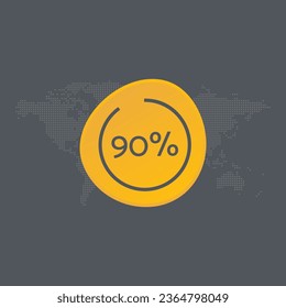 90 percent chart. Vector symbol. Percentage infographic sign. Dotted world map background. Illustration, icon for business, finance, progress, report, web design, download