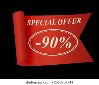 90 percent discount banner on red ribbon. Special offer sign with elegant typography on black background. Vector illustration for marketing, promotion, and retail sale.