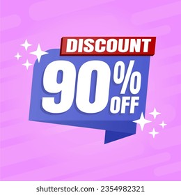 90 percent discount purple banner with blue floating balloon for offers and promotions sales.