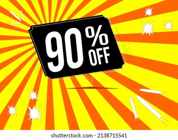 -90 percent discount. 90% discount. Up to 90%. Yellow and orange banner with floating balloon for promotions and offers. Up to. Vector. Discount and offer board.
Discount and offer board.