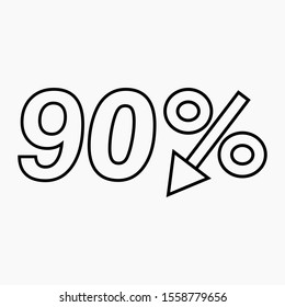 90 percent drop dark icon on a white background.  Price drop. Interest rate reduction. Sell-out. Stock symbol. Discount. Markdown of goods. Bonus discount. Vector icon.