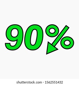 The 90 percent drop green icon. Price drop. Interest rate reduction. Stock symbol. Discount. Markdown of goods. Bonus discount. Vector icon.