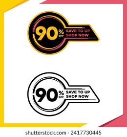 90 por ciento de la oferta plana estampado, venta de despegue de adhesivos. Emblema del producto de finanzas Vector Premium