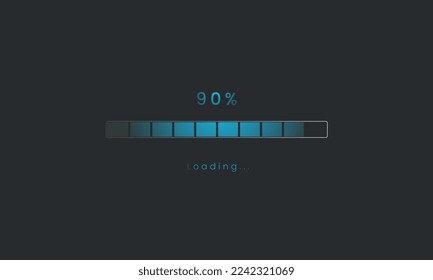 90 percent Futuristic dark blue Progress loading bar. Loading bar process of indicators. blue downloading progress vector design, web loading tap design template, interface upload.