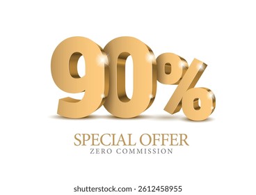 90 percent number. Ninety number in gold 3d. Poster template for discount forty percent, sale discount, work progress. Vector illustration