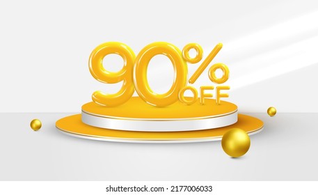 90 % Rabatt. 3 d 90% Bonus Symbol auf einer Podiumbühne. Werbebanner oder Plakatdesign verkaufen. Vektorgrafik.