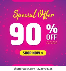 90 percent off. Design Template for Special Offer Marketing. 90% Promotional Discount. Conceptual Pink, Blue and Purple Banner Design