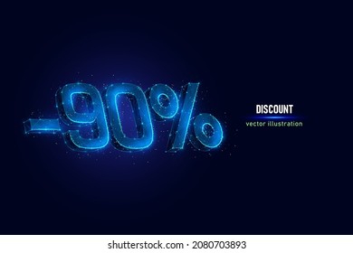 90 por ciento de wireframe digital hecho de puntos conectados. Descuento de vacaciones ilustración vectorial de baja polilla sobre fondo azul.