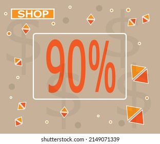 90 percent off. 90% discount banner for store promotion in orange color