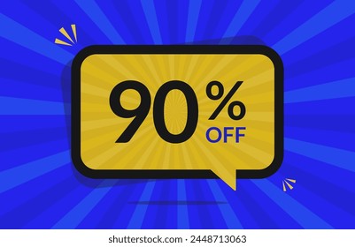 90 percent off. 90% discount. Blue and Yellow banner with floating balloon for promotions and offers.