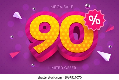 90 percent Off. Discount creative composition. 3d mega sale 90% symbol with decorative objects. Sale banner and poster. Vector illustration.