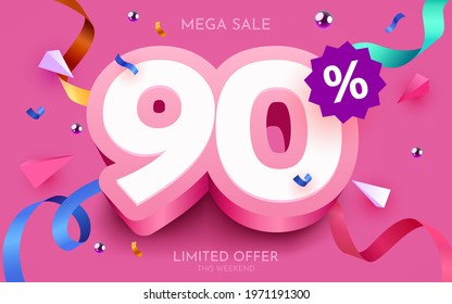 90 percent Off. Discount creative composition. 3d mega sale 90% symbol with decorative objects. Sale banner and poster. Vector illustration.