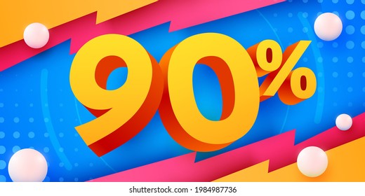 90 % Rabatt. Discount Creative Komposition. 3D Mega Verkauf 90% Symbol mit dekorativen Objekten. Verkaufen Sie Banner und Poster. Vektorgrafik.