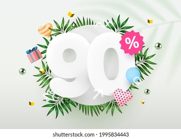 90 percent Off. Discount creative composition. Summer sale 90% banner with decorative objects, palm leaves and gift box. Sale banner and poster. Vector illustration.