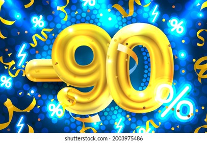 90 percent Off. Discount creative composition. 3d mega sale symbol with decorative objects. Sale banner and poster. Vector illustration.