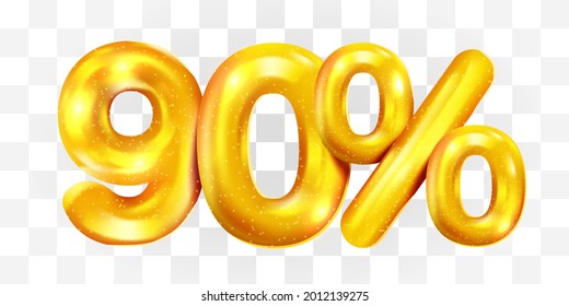 90% de descuento. Descuento de la composición creativa de los globos dorados. 3 d mega venta o 90 por ciento de símbolo de bonificación sobre fondo transparente. Cartel y afiche de venta. Ilustración vectorial.