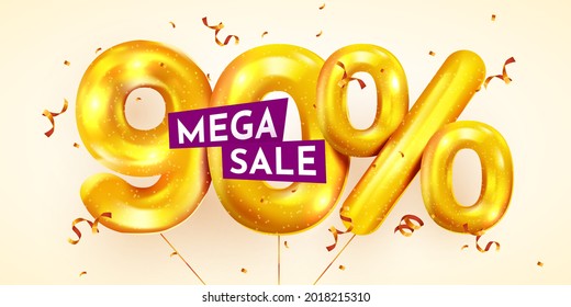 90 % Rabatt. Discount kreative Komposition von goldenen Ballons. 3d Mega Verkauf 90% oder 90% Bonus Symbol mit Confetti. Verkaufen Sie Banner und Poster. Vektorgrafik.