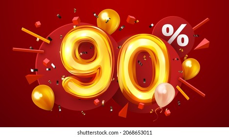 90 % Rabatt. Discount Creative Komposition. 3D goldenes Verkaufssymbol mit Konfetti und Ballons. Verkaufen Sie Banner und Poster. Vektorgrafik.