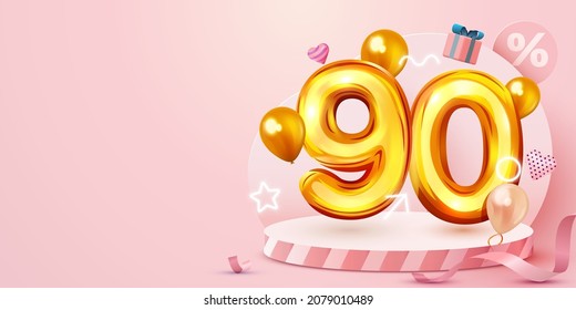 90 % Rabatt. Discount Creative Komposition. Goldenes Verkaufssymbol mit dekorativen Gegenständen, herzförmigen Ballons und Geschenkbox. Verkaufen Sie Banner und Poster. Vektorgrafik.