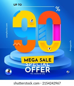 90 % Rabatt. Discount Creative Komposition. Verkaufssymbol mit dekorativen Gegenständen und Podium. Verkaufen Sie Banner und Poster. Vektorgrafik.