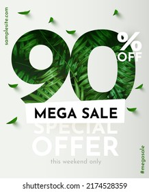90 percent Off. Discount creative composition. Summer sale banner with decorative objects, palm leaves and gift box. Sale banner and poster. Vector illustration.