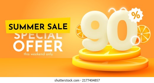 90 % Rabatt. Discount Creative Komposition. Sommerverkaufsbanner mit Orange. Verkaufen Sie Banner und Poster. Vektorgrafik.