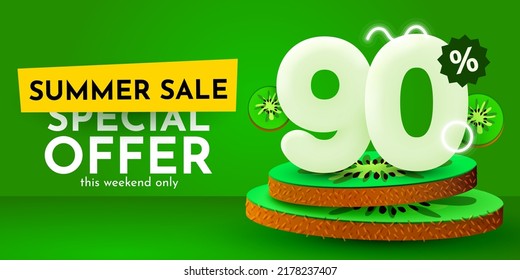 90 percent Off. Discount creative composition. Summer sale banner with kiwi. Sale banner and poster. Vector illustration.