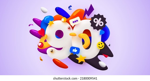 90 percent Off. Discount creative composition. 3d sale symbol with decorative objects. Sale banner and poster. Vector illustration.