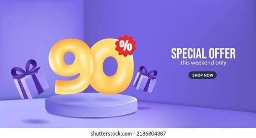 90 percent Off. Discount creative composition. 3d sale symbol with decorative on podium and gift box, sales banner template design for social media and website.