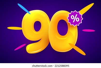 90% de descuento. Descubre la composición creativa. 3d símbolo de venta con objetos decorativos. Cartel y afiche de venta. Ilustración vectorial.
