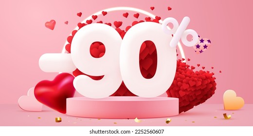 90 percent Off. Discount creative composition. 3d sale symbol with decorative objects. Valentine's day promo. Sale banner and poster. Vector illustration.