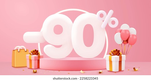 90% de descuento. Descubre la composición creativa. Símbolo de venta con objetos decorativos, globos y caja de regalo. Cartel y afiche de venta. Ilustración vectorial.