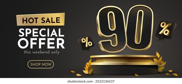 90 por ciento de descuento. Descuento en composición creativa. Venta Anuncio y cartel. Ilustración vectorial.