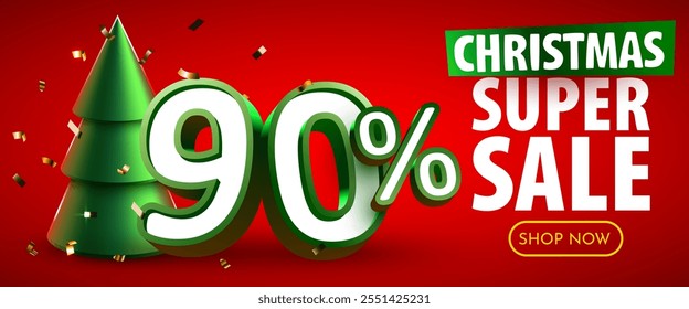 90 por ciento de descuento. Descuento en composición creativa. Felices Navidades y Feliz Año Nuevo. Venta Anuncio y cartel. Ilustración vectorial.