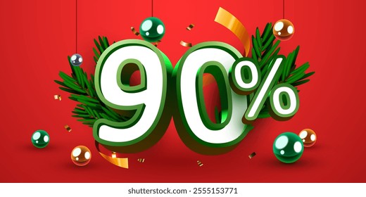 90 percent Off. Discount creative composition. Merry Christmas and Happy New Year. Sale banner and poster. Vector illustration.