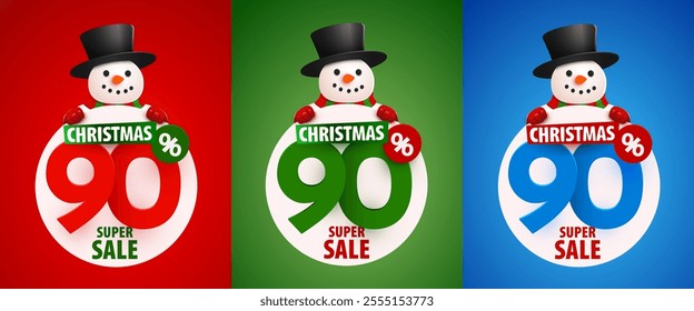 90 percent Off. Discount creative composition with snowman in hat. Merry Christmas and Happy New Year. Sale banner set. Vector illustration.