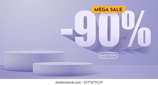 90 percent Off. Discount creative composition. Product presentation, mock up, podium. Sale banner and poster. Vector illustration.