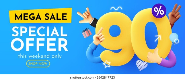 90% de desconto. Desconto composição criativa. Apresentação do produto, maquete, pódio. Banner e cartaz de venda. Ilustração vetorial.