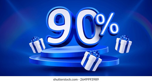90 percent Off. Discount creative composition, mock up with podium and present boxes podium. Sale banner and poster. Vector
