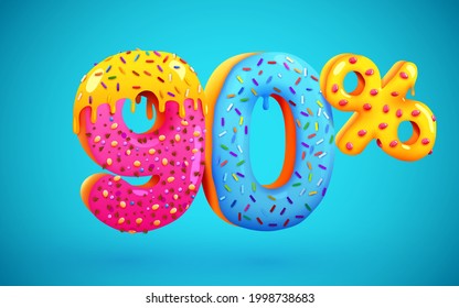 90% de descuento. Composición de postre con descuento. 3 d mega venta 90% símbolo con números de donut dulces voladores. Cartel o afiche de venta. Ilustración del vector