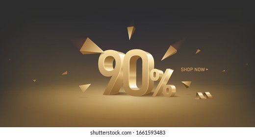 90 percent off discount sale background. 3D golden numbers with percent sign and arrows. Promotion template design.