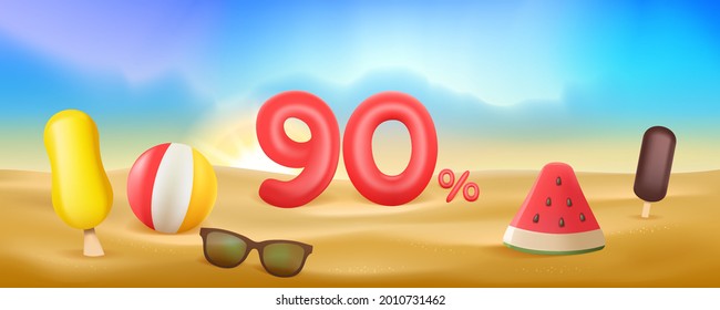 90 Percent off discount sale. Summer background, discount sale. Red 3D numbers on the sandy beach. Season sale.