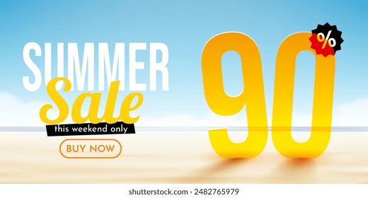 90 percent Off. Discount summer composition. Ocean beach. Sale banner and poster. Vector illustration.