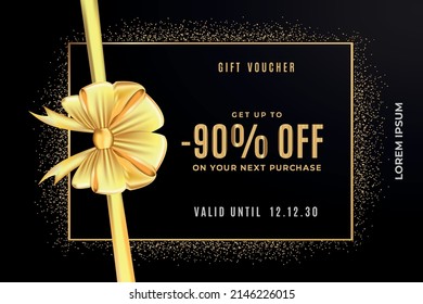90 Percent Off Gift Voucher Template. Elegant black and gold gift voucher premium coupon with gold bow and ribbon. Design usable for gift coupons, vouchers, invitations, certificates, etc. Vector