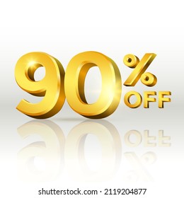 90 percent off glossy gold text vector in 3d style isolated on white background with reflection for marketing design