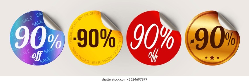90% de desconto no conjunto de etiquetas. Venda, Oferta Especial, Venda Flash. Etiquetas de compras. Adesivos enrolados no fundo branco. Ilustração vetorial