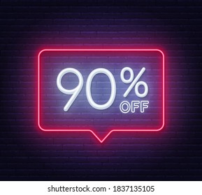 90 percent off neon sign on brick wall background